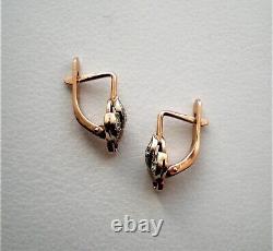 Boucles d'oreilles en or rose, blanc et diamants de Russie soviétique de l'époque vintage 14K 583 URSS