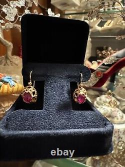 Boucles d'oreilles en rubis, bijoux pour femmes en or 14 carats, Union soviétique URSS