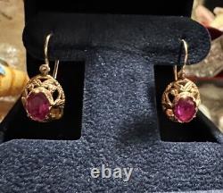 Boucles d'oreilles en rubis, bijoux pour femmes en or 14 carats, Union soviétique URSS