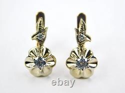 Boucles d'oreilles fleurs en diamants en or rose 583 14K de l'URSS russe soviétique vintage