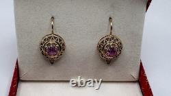 Boucles d'oreilles originales vintage en or rose 583 14k de l'URSS soviétique russe avec pierre de corindon