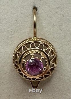 Boucles d'oreilles originales vintage en or rose 583 14k de l'URSS soviétique russe avec pierre de corindon