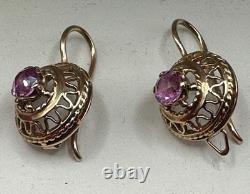 Boucles d'oreilles originales vintage en or rose 583 14k de l'URSS soviétique russe avec pierre de corindon