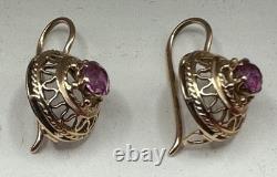 Boucles d'oreilles originales vintage en or rose 583 14k de l'URSS soviétique russe avec pierre de corindon
