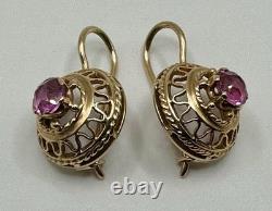 Boucles d'oreilles originales vintage en or rose 583 14k de l'URSS soviétique russe avec pierre de corindon