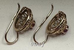 Boucles d'oreilles originales vintage en or rose 583 14k de l'URSS soviétique russe avec pierre de corindon