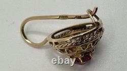 Boucles d'oreilles originales vintage en or rose 583 14k de l'URSS soviétique russe avec pierre de corindon