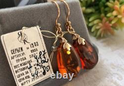 Boucles d'oreilles vintage en or 583 14K avec ambre - Bijoux pour femmes - Marque rare russe soviétique URSS