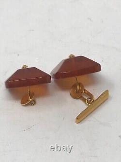Boutons de manchette carrés en véritable ambre balte soviétique russe et ensemble de pince à cravate Russie