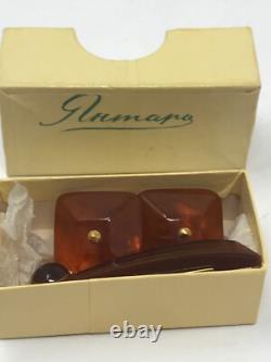 Boutons de manchette carrés en véritable ambre baltique de l'URSS soviétique russe et ensemble de pince à cravate Russie