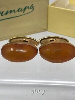 Boutons de manchette ovales en véritable ambre baltique soviétique russe de l'URSS, ensemble Russie