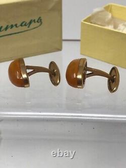 Boutons de manchette ovales en véritable ambre baltique soviétique russe de l'URSS, ensemble Russie
