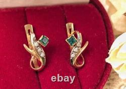 Chic Vintage Soviet Urss Russe Gold 583 14k Boucles D'oreilles Emerald Bijoux Pour Femmes