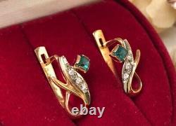 Chic Vintage Soviet Urss Russe Gold 583 14k Boucles D'oreilles Emerald Bijoux Pour Femmes