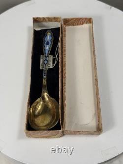 Cuillère à confiture vintage en argent 916 émaillé soviétique cloisonné russe 50g URSS avec boîte