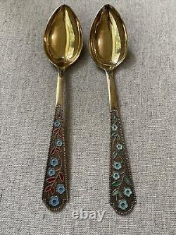 Cuillères à thé en émail cloisonné russe en argent soviétique vintage de l'URSS 875 avec dorure.