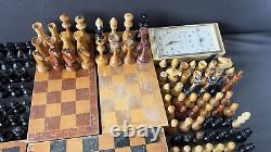 Échecs en bois vintage soviétiques URSS russe Lot méga rare d'échiquier en bois et d'horloge d'échecs