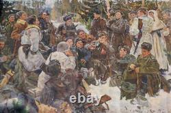 Énorme Vintage Russe Ww2 Peinture Repos Après La Bataille Art De Propagande Soviétique