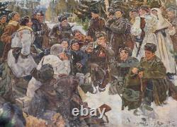 Énorme Vintage Russe Ww2 Peinture Repos Après La Bataille Art De Propagande Soviétique