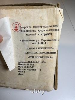 Ensemble d'ornements de Noël en verre russe vintage de l'URSS TROIS PETITS COCHONS Konakovo NOS