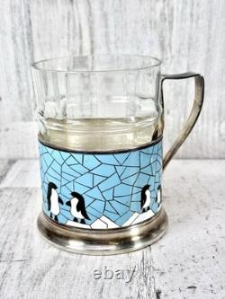 Ensemble de 6 porte-verres en émail de pingouin de l'URSS soviétique