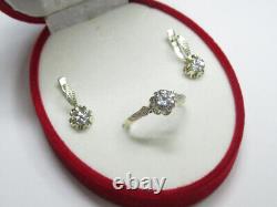 Ensemble de boucles d'oreilles et bague en pierre d'argent sterling russe 925 de l'époque soviétique vintage