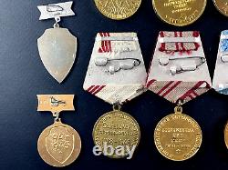 Ensemble soviétique russe de 25 médailles et insignes d'ancien combattant de l'Armée de l'URSS de la Seconde Guerre mondiale. Document