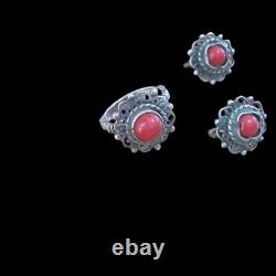 Ensemble vintage en argent avec corail réal 925, bijoux soviétiques de l'URSS, taille 8 pour femme.