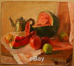 Huile Soviétique Russe Ukraine Peinture Encore Théière Melon Vie Impressionisme