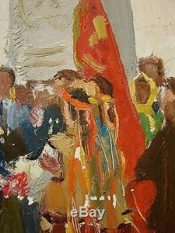 Huile Soviétique Russe Ukrainien Peinture Défilé De Démonstration Genre Gens Réalisme
