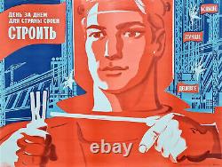 Industrie de la construction de bâtiments en URSS 1975 Affiche vintage russe soviétique de l'URSS