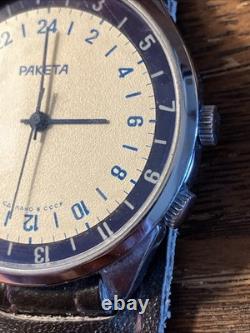 Montre VTG RAKETA URSS Russe SOVIÉTIQUE Analogique Montre de Poignet Paketa Bracelet en Cuir