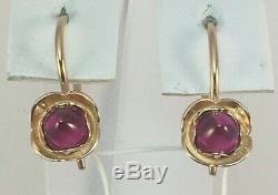 Original Vintage Soviétique Russe Or Rose Rubis Boucles D'oreilles 583 Urss 14k, Solid Gold