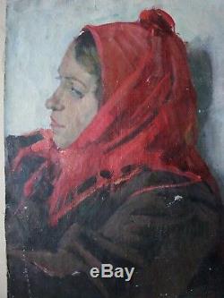 Peinture À L'huile Soviétique Russe Ukrainien Portrait Réalisme Fille Vieil Homme Époque Staline