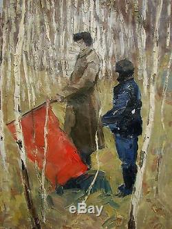 Peinture À L'huile Soviétique Russe Ukrainien Réalisme Drapeau De Bouleau Enfants Héros