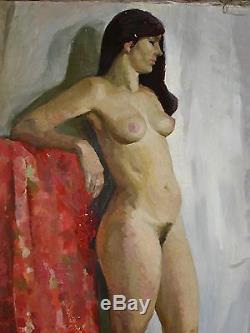 Peinture À L'huile Soviétique Russe Ukrainien Réalisme Portrait Fille Femme Figure Nue