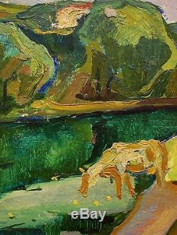 Peinture À L'huile Soviétique Russe Ukrainienne Paysage Impressionnisme Vache Rivière