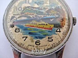 Peinture à l'huile miniature de la Pobeda 1955 Montre soviétique russe de l'URSS