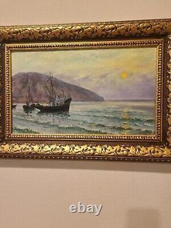 Peinture à l'huile vintage Silence après Victor Puzyrkov Ukraine Maritime soviétique URSS