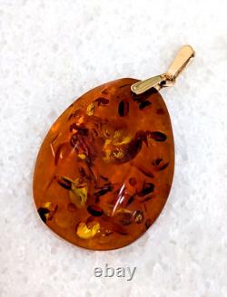 Pendentif en ambre cognac baltique en or rose 14k 583 vintage russe soviétique URSS 7.9g
