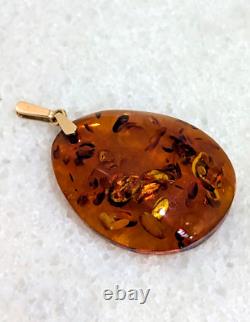 Pendentif en ambre cognac baltique en or rose 14k 583 vintage russe soviétique URSS 7.9g