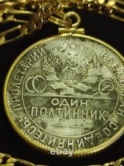 Pendentif en argent Marteau et Enclume russe URSS CCCP de 1924 sur une chaîne en or 18 carats de 24 pouces