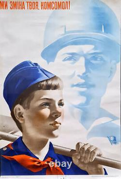 Pionniers de l'école russe et Komsomol VLKSM - Affiche communiste soviétique originale de l'URSS