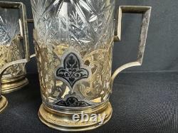 Porte-tasses en argent 875 niellé doré soviétique russe avec verre en cristal - ensemble de 6