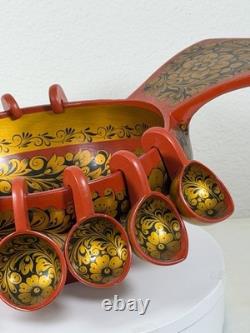 RARE Grand Bol en Khokhloma Russe Soviétique avec 10 Tasses Suspendues URSS