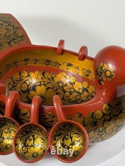 RARE Grand Bol en Khokhloma Russe Soviétique avec 10 Tasses Suspendues URSS