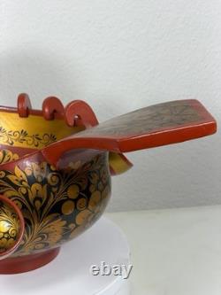 RARE Grand Bol en Khokhloma Russe Soviétique avec 10 Tasses Suspendues URSS