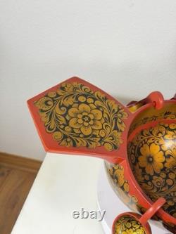 RARE Grand Bol en Khokhloma Russe Soviétique avec 10 Tasses Suspendues URSS
