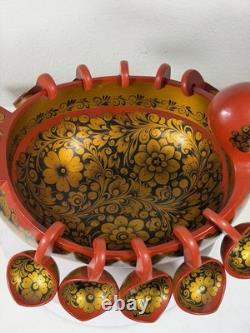 RARE Grand Bol en Khokhloma Russe Soviétique avec 10 Tasses Suspendues URSS