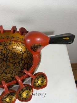 RARE Grand Bol en Khokhloma Russe Soviétique avec 10 Tasses Suspendues URSS
